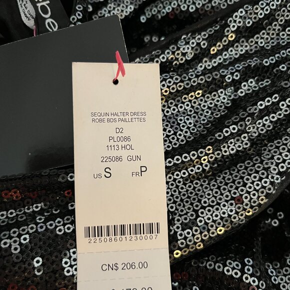 BNWT BEBE Gunmetal Sequined Halter Deep V-Neck Petticoat (S) - Picture 5 of 9